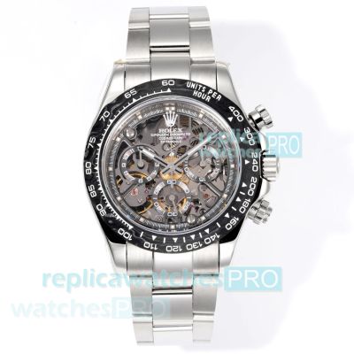 Swiss Clone Rolex 4130 Daytona Carbon Bezel Skeleton Dial 904L Stainless Steel Watch 